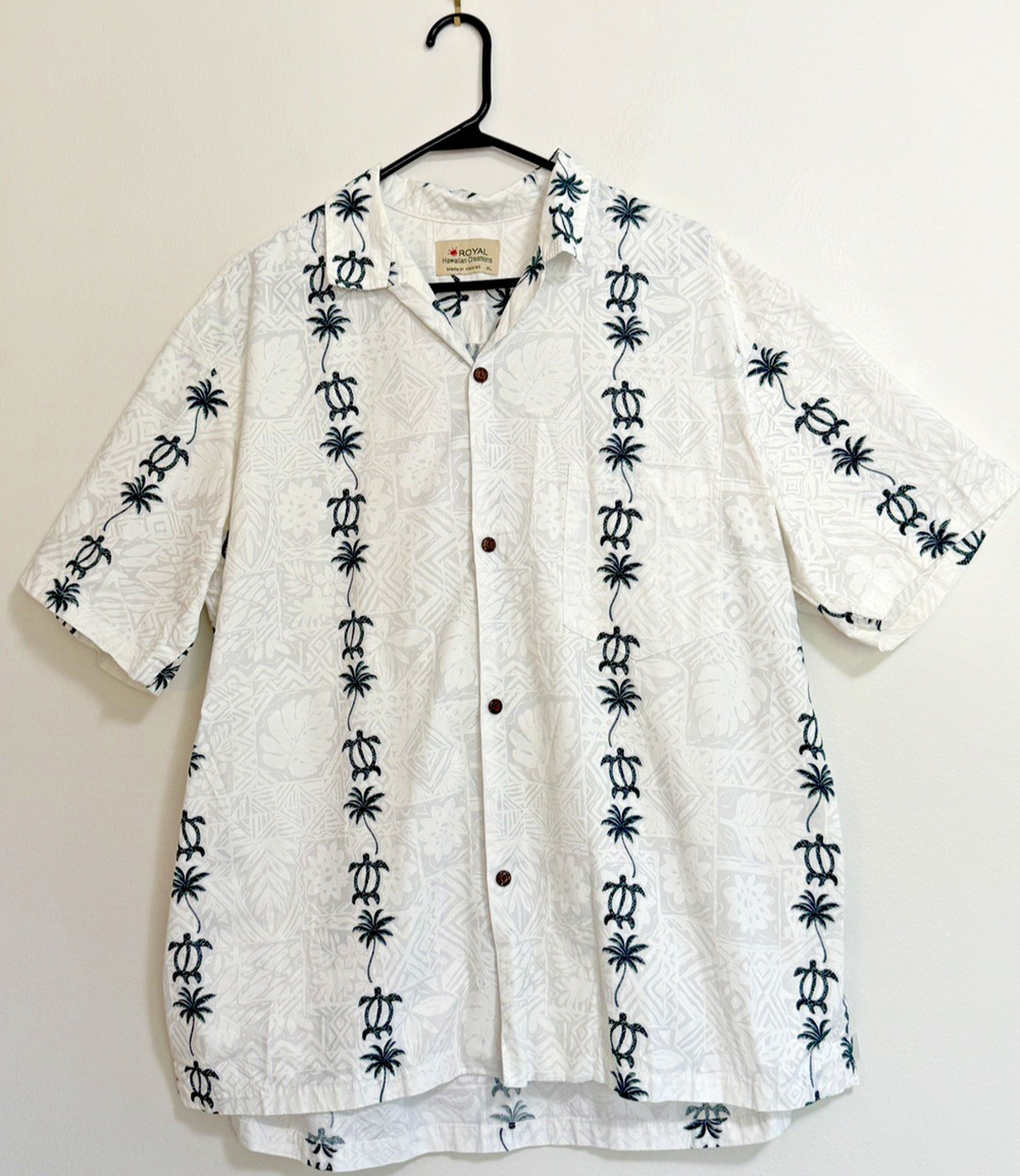 Royal Hawaiian Creations White Black Sea Turtles Palm Trees Shirt XL USA Cotton